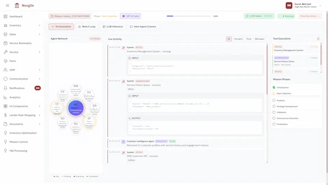 Agent Network Orchestration - Live activity stream with multi-agent collaboration, tool executions, and mission phase tracking
